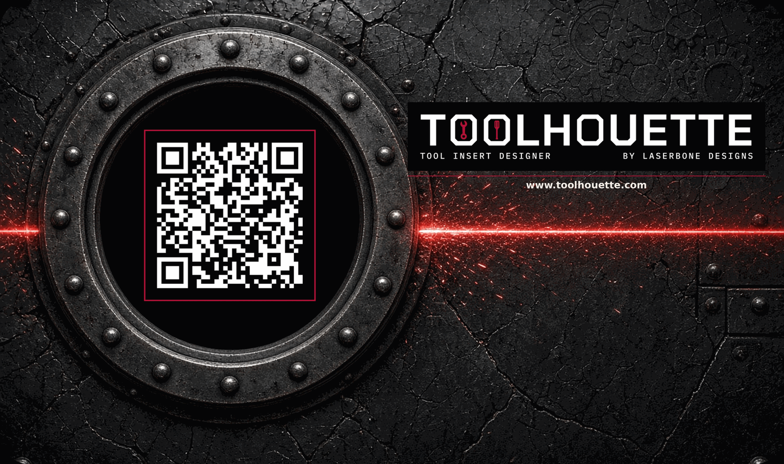 LaserBone business card back: Toolhouette tool insert designer by LaserBone Designs, QR code and www.toolhouette.com.