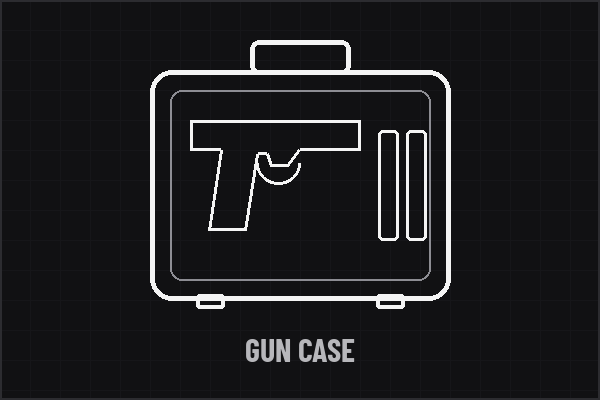 Outline icon of a hard gun case with pistol and magazine pockets.
