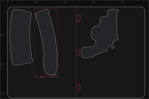 Toolhouette layout with pockets for two magazines and a revolver.